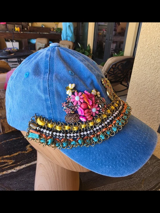 Hand Crafted Blue Denim Baseball Cap with Gold Bicycle & Pink Floral Accents - Picture 6 of 6